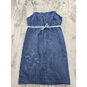 Vintage 90s Old Navy Denim Floral Square Neck Empire Tie Front Dress Size 4 Blue